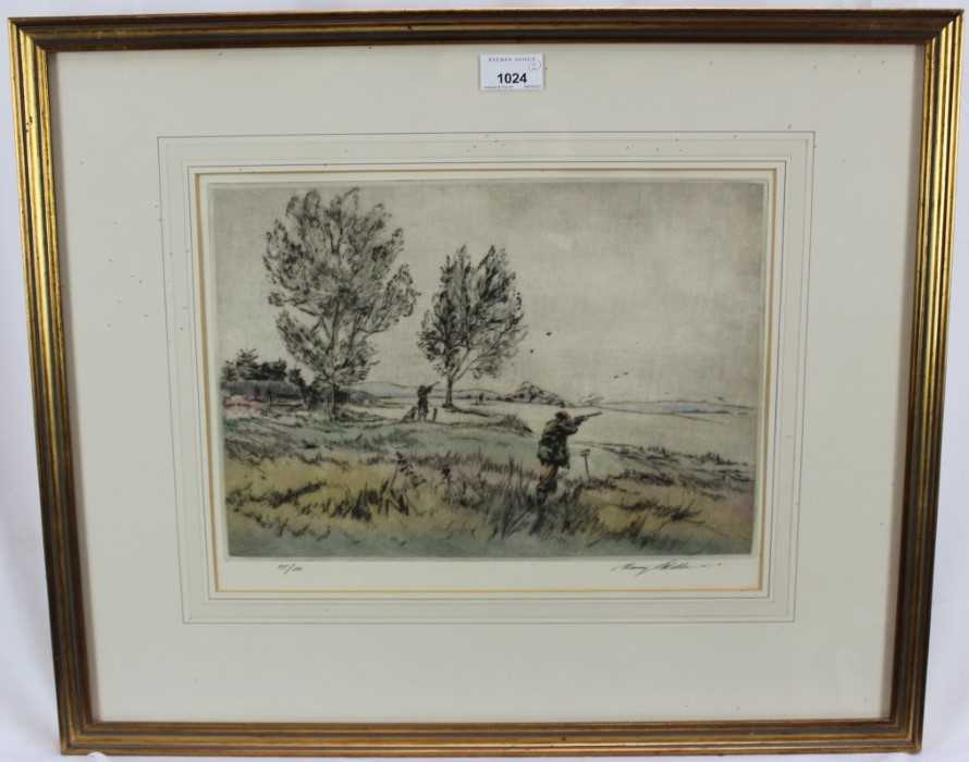 Lot 158 - *Henry Wilkinson (1921-2011) two signed limited edition coloured etchings - Shooting scenes, 113/150 and 55/150, 28cm x 36cm, in glazed gilt frames