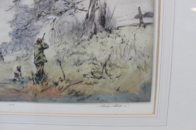 Lot 158 - *Henry Wilkinson (1921-2011) two signed limited edition coloured etchings - Shooting scenes, 113/150 and 55/150, 28cm x 36cm, in glazed gilt frames