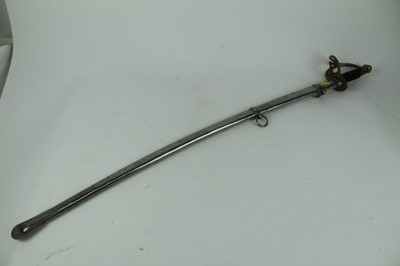 Lot 885 - Reproduction American cavalry troopers sword with brass hilt, wire bound leather grip, and curved steel blade in plated scabbard, blade 89.5cm in length.