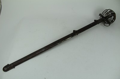 Lot 862 - Scottish basket hilt claymore type broad sword, with wire bound wooden grip, basket hilt and steel blade, in scabbard.