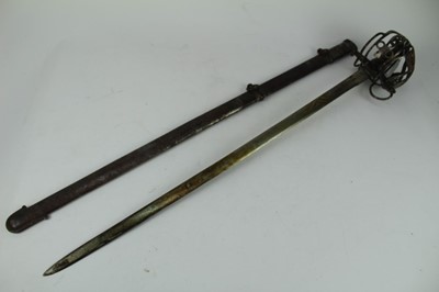 Lot 862 - Scottish basket hilt claymore type broad sword, with wire bound wooden grip, basket hilt and steel blade, in scabbard.