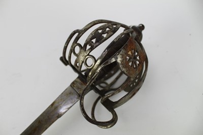 Lot 862 - Scottish basket hilt claymore type broad sword, with wire bound wooden grip, basket hilt and steel blade, in scabbard.