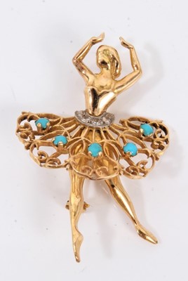 Lot 515 - Gold and turquoise novelty brooch in the form of a ballerina, 45mm.