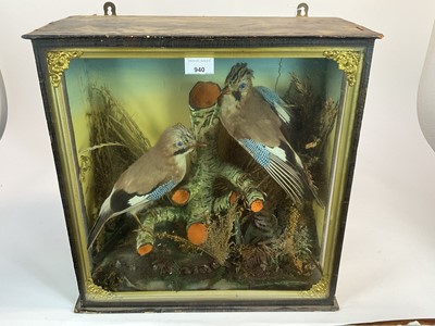 Lot 940 - Edwardian pair of Jays perched on a branch within naturalistic setting in glazed case