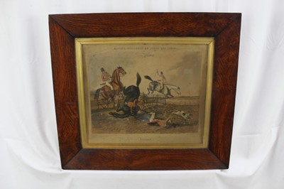 Lot 159 - Henry Alken Victorian hand coloured engraving - The first introduction to Hounds and another pair of hand coloured prints 'Moving Accidents By Flood And Field', in good quality frames (3)