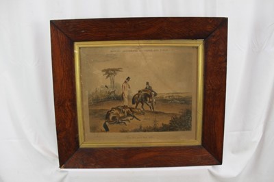 Lot 159 - Henry Alken Victorian hand coloured engraving - The first introduction to Hounds and another pair of hand coloured prints 'Moving Accidents By Flood And Field', in good quality frames (3)