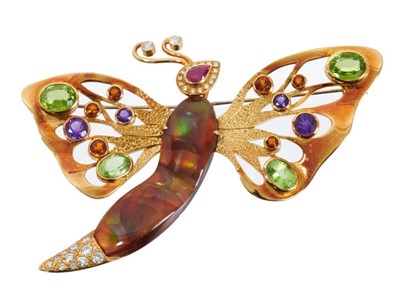 Lot 483 - Large 18ct gold diamond and multi-gem novelty butterfly brooch, sponsor's mark EW&Co, possibly E Wolfe &Co, London 2002. Approximately 87mm.