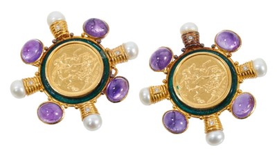Lot 472 - Unusual pair of gold sovereign brooches in gold and green enamel mounts with cultured pearls, diamonds and cabochon amethysts, 55mm.