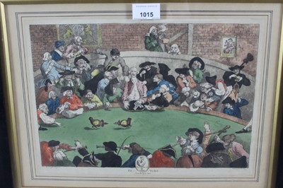 Lot 1015 - Cock Fighting interest, William Hogarth hand coloured etching - Pit Ticket, 24cm x 34cm, another similar titled Westminster Pit, 33cm x 49cm, also an early 20th century framed black and white photo...