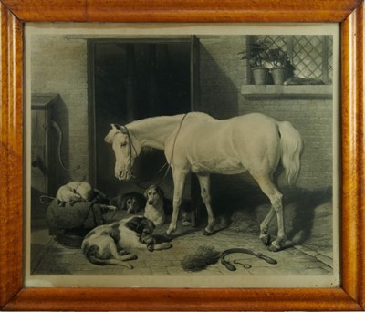 Lot 1014 - Sir Edwin Landseer, Victorian black and white engraving - The Cover Hack, 70cm x 84cm, in burr maple veneered frame