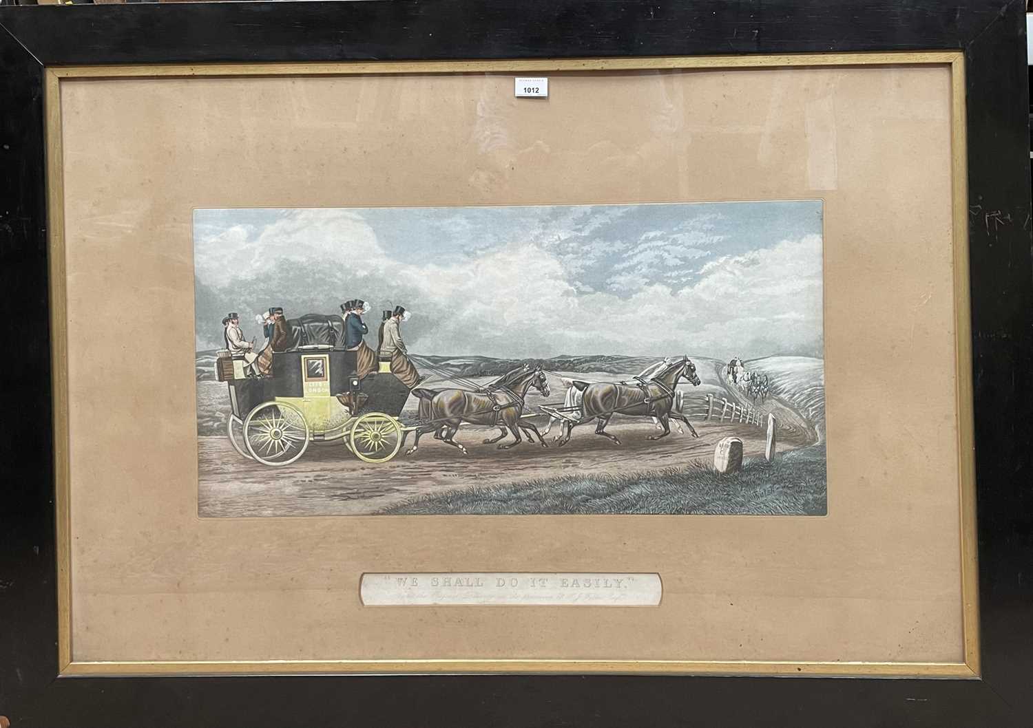 Lot 341 - Pair of large Victorian hand coloured engravings by R Stock after T Walsh - coaching scenes, 'Three Minutes to Spare' and 'We Shall do it Easily' - Dodson's Coaching Incidents, in glazed ebonised f...