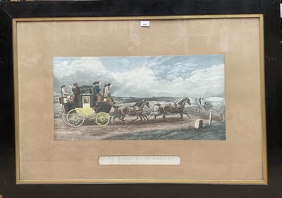 Lot 286 - Pair of large Victorian hand coloured engravings by R Stock after T Walsh - coaching scenes, 'Three Minutes to Spare' and 'We Shall do it Easily' - Dodson's Coaching Incidents, in glazed ebonised f...