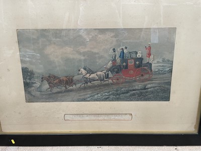Lot 341 - Pair of large Victorian hand coloured engravings by R Stock after T Walsh - coaching scenes, 'Three Minutes to Spare' and 'We Shall do it Easily' - Dodson's Coaching Incidents, in glazed ebonised f...