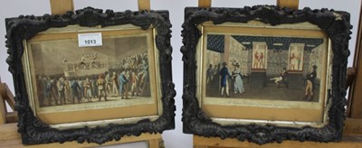 Lot 1013 - Set of four 1820s hand coloured engravings, Westminster Pit, Gaming House and others, in ornate ebonised frames, 21cm x 27cm overall