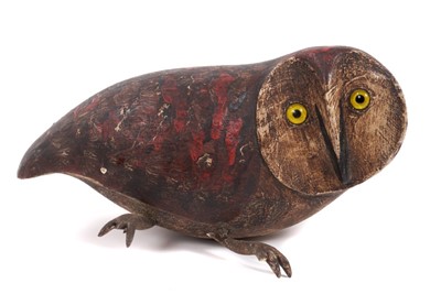 Lot 1299 - *Guy Taplin (b.1939) carved and painted driftwood sculpture - Little Owl, signed and titled to the underside, 13.5cm high x 26cm long
