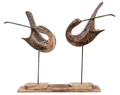 Lot 1294 - *Stephen Henderson (b.1956) carved and painted wooden sculpture - Preening Godwits, signed and titled to underside, 46cm high x 57cm long