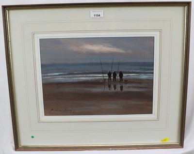 Lot 1154 - *Andrew King (b.1956) oil on board - Anglers, Overstrand Beach, signed, 22cm x 33.5cm, in glazed frame  
Provenance: Thompson's Gallery, Aldeburgh, summer 1986