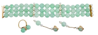Lot 478 - Jade diamond and cultured pearl bracelet, earrings and ring with 10mm jade beads, the three-strand bracelet with diamond and cultured pearl spacers, 19cm length, all in 18ct gold setting, ring with...