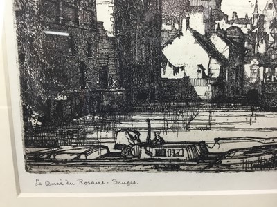 Lot 185 - William M. Larkins (1901-1974) pencil signed and titled etching - ‘Le Quai de Rosaine Bruges’, 25cm x 20cm, in glazed frame