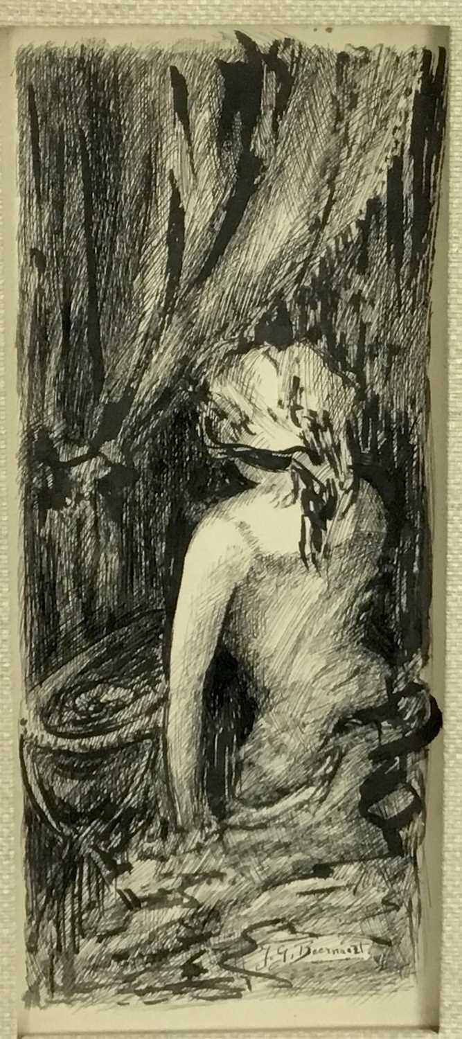 Lot 62 - Jean-Guy Beernaert (1928-1999) signed pen and ink portait of a young woman, 12cm x 30cm, mounted in a glazed frame