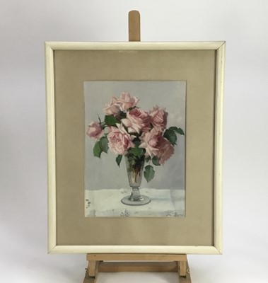 Lot 64 - John Ernest Foster (1877-1965) oil - roses in a glass vase, 30cm x 40cm