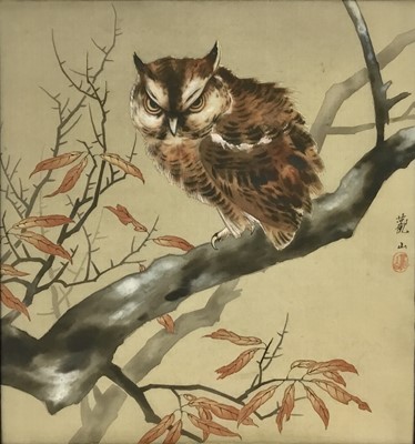 Lot 56 - Japanese painting on silk, owl on a branch, 40cm x 44cm, framed