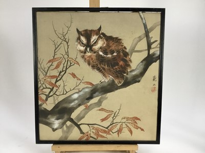 Lot 56 - Japanese painting on silk, owl on a branch, 40cm x 44cm, framed