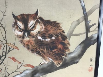 Lot 320 - Japanese painting on silk, owl on a branch, 40cm x 44cm, framed