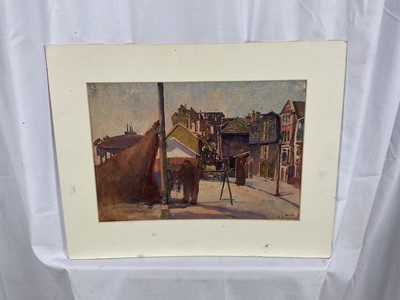 Lot 371 - British School watercolour, dressing sails or tanning hides (?), signed indstinctly bottom right