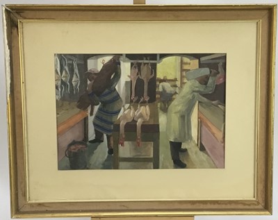 Lot 55 - Manner of Reginald Brill (1902-1974) gouache, Butcher's shop, 48cm x 33cm in glazed frame