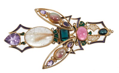 Lot 474 - Good quality Italian Renaissance revival gem-set insect brooch by Percossi Papi with articulated wings and various coloured gemstones in gilt metal and enamel setting. Signed, 69mm.