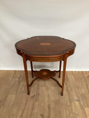 Lot 970 - Edwardian mahogany and inlaid trefoil form two tier side table, raised on square tapered legs and spade feet, 84cm wide x 69cm deep x 80cm high