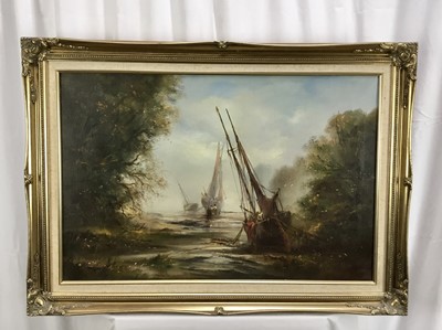 Lot 351 - 20th century oil on canvas of boats, in gilt frame, signed Dyer