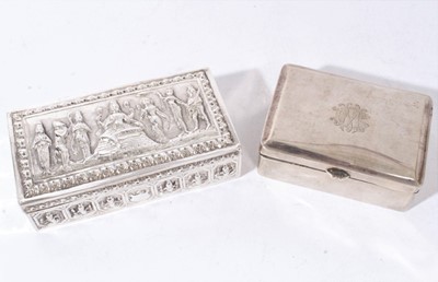 Lot 348 - Eastern white metal box decorated in relief with dancing figures and deities 14.6 x 17.5 cm and Eastern white metal cigarette box 11 x 8 cm (2)