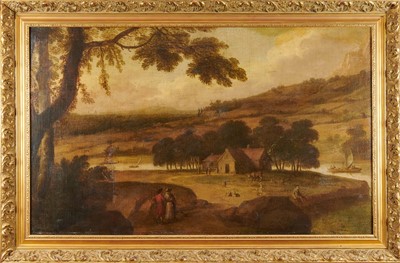 Lot 1107 - Continental School, 18th century, oil on canvas, extensive landscape with figures and cattle around a tavern, 62cm x 102cm, in gilt frame .