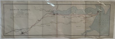 Lot 1272 - Mid 19th century hand coloured railway prospectus for Harwich Railways, 20cm x 60cm, unframed