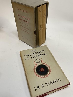 Lot 1718 - J R Tolkien set of Lord of the Rings Trilogy 10th / 7th impression box set, together with a group of Folio Society books