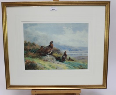 Lot 983 - Archibald Thorburn (1860-1935) pair of limited edition coloured prints - Black Grouse in the snow and Red Grouse beside a loch, 115/850, 29cm x 39cm, in glazed gilt frames