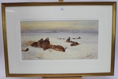 Lot 987 - Archibald Thorburn (1860-1935) two limited edition coloured prints - English Partridge in the snow and the stubble, 115/850, 31cm x 58cm and 36cm x 49cm, in glazed gilt frames