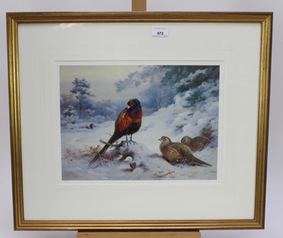 Lot 986 - Archibald Thorburn (1860-1935) two limited edition coloured prints - Black Grouse and Pheasants in the Snow, 115/850, 50cm x 35cm and 29cm x 39cm, in glazed gilt frames