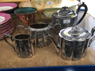 Lot 58 - Victorian silver plated three peice teaset, another teapot and a brass chalice, possibly trench art
