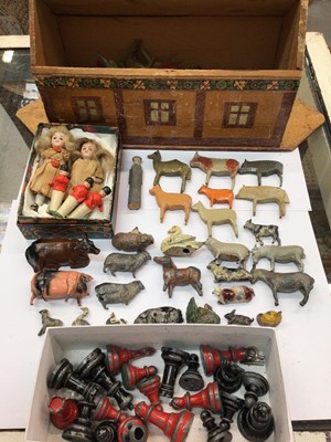 Lot 498 - Vintage Noah's Ark with assorted painted animals, pair of early 20th century bisque headed miniature dolls, painted metal animals and chess pieces