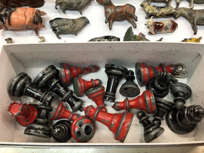 Lot 498 - Vintage Noah's Ark with assorted painted animals, pair of early 20th century bisque headed miniature dolls, painted metal animals and chess pieces