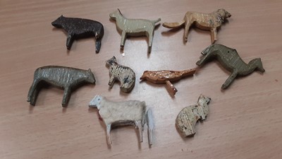 Lot 498 - Vintage Noah's Ark with assorted painted animals, pair of early 20th century bisque headed miniature dolls, painted metal animals and chess pieces