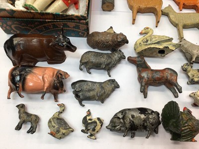 Lot 498 - Vintage Noah's Ark with assorted painted animals, pair of early 20th century bisque headed miniature dolls, painted metal animals and chess pieces