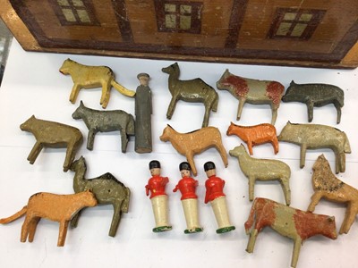 Lot 498 - Vintage Noah's Ark with assorted painted animals, pair of early 20th century bisque headed miniature dolls, painted metal animals and chess pieces
