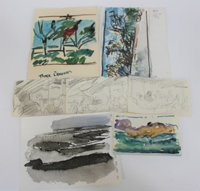 Lot 1178 - *Peter Godfrey Coker (1926-2004) group of seven unframed pencil and watercolour sketches to include figure groups and landscapes, 9cm x 14cm to 17cm x 22cm (7)