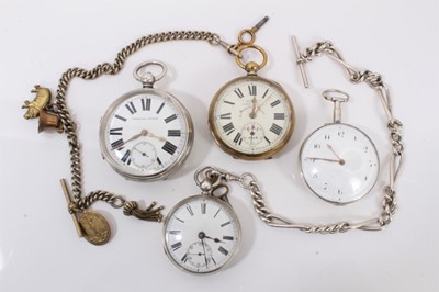 Lot 585 - Four antique pocket watches to include a George III silver verge pocket watch by James Linn, a large Victorian silver pocket watch by J.W.Reeley & Sons, Chester 1899, 58mm, one other Victorian silv...