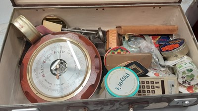 Lot 478 - Sundry items, including silver, barometer, watches, vintage tins, tools, etc, Colchester-related ephemera, in a leather suitcase and Gladstone bag