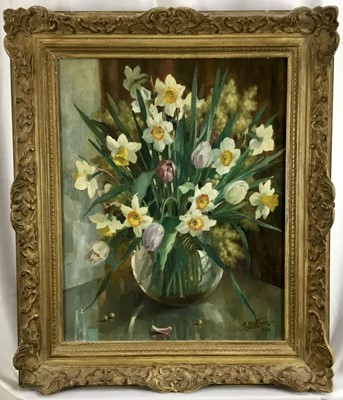 Lot 293 - Anatoli Nikolaevich Nikolsky (b. 1934) oil on canvas - Still life of spring flowers with daffodils and tulips, signed and dated 1956, 51 x 41cm, framed